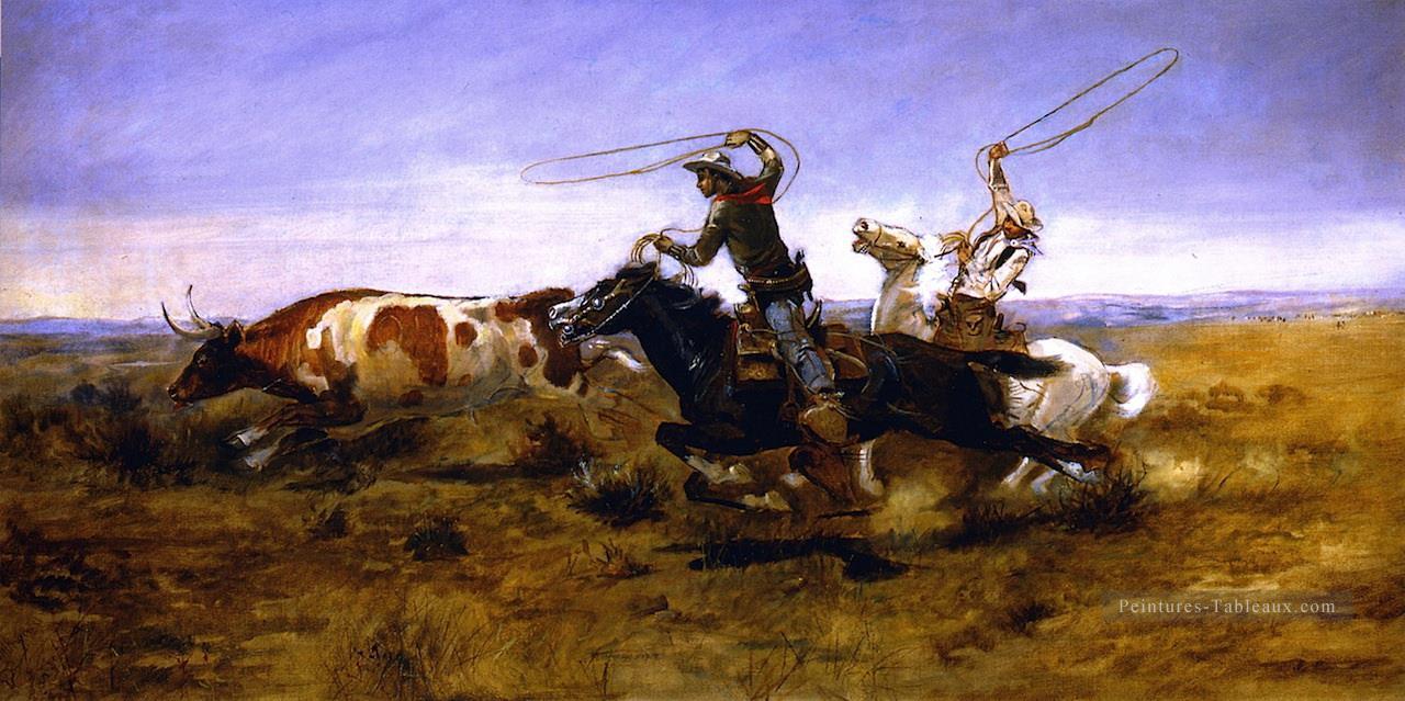 oh cowboys longe un bouvillon 1892 Charles Marion Russell Indiana cow boy Peintures à l'huile
